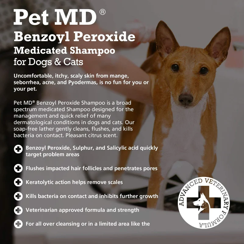 Champú medicado con peróxido de benzoilo para perros y gatos de Pet MD, eficaz para seborrea, caspa, sarna, alivio de picaduras de insectos, acné y foliculitis, aroma cítrico, de 12 onzas.