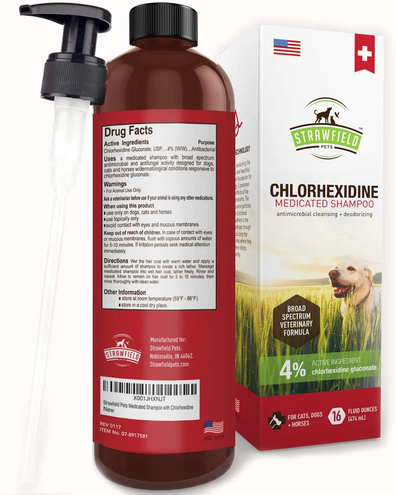 Champú de cloro hexidina para perros, gatos – 16 oz – Champú medicado para perros y gatos, lavado de mascotas para pieles irritadas, tratamiento de puntos calientes, mango, olor, infección de levadura, alivio de picazón de alergia, anillo, antifúngico, Es