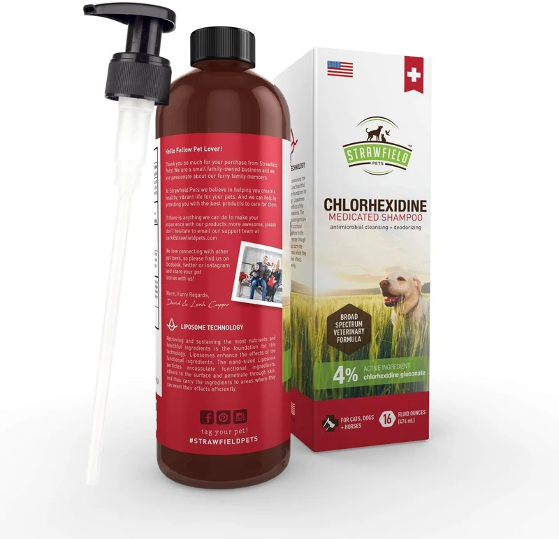 Champú de cloro hexidina para perros, gatos – 16 oz – Champú medicado para perros y gatos, lavado de mascotas para pieles irritadas, tratamiento de puntos calientes, mango, olor, infección de levadura, alivio de picazón de alergia, anillo, antifúngico, Es