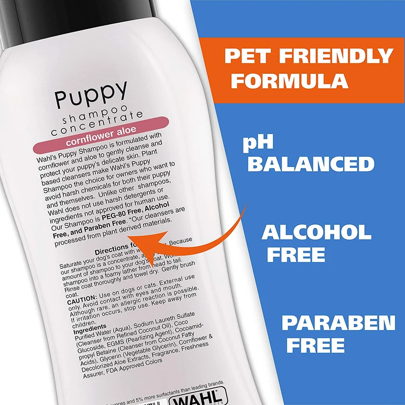 Champú suave para cachorros Wahl para mascotas de Cornflower Aloe con ingredientes para aseo de perros sucios 24 onzas