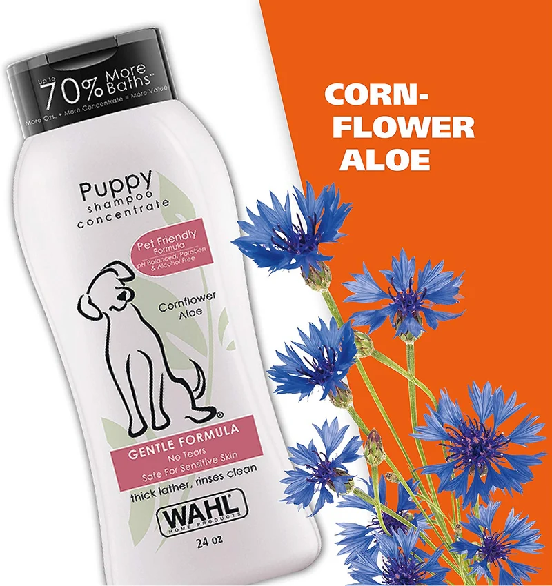 Champú suave para cachorros Wahl para mascotas de Cornflower Aloe con ingredientes para aseo de perros sucios 24 onzas