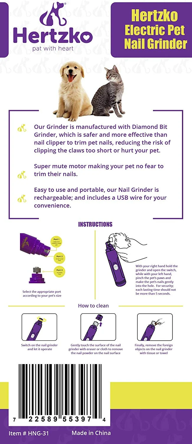 Lima de uñas eléctrica Hertzko, para cortar uñas de forma suave e indolora, para mascotas, desbarbado, moldeador y suavizar, para perros, gatos, conejos y aves, batería portátil e incluye cable USB