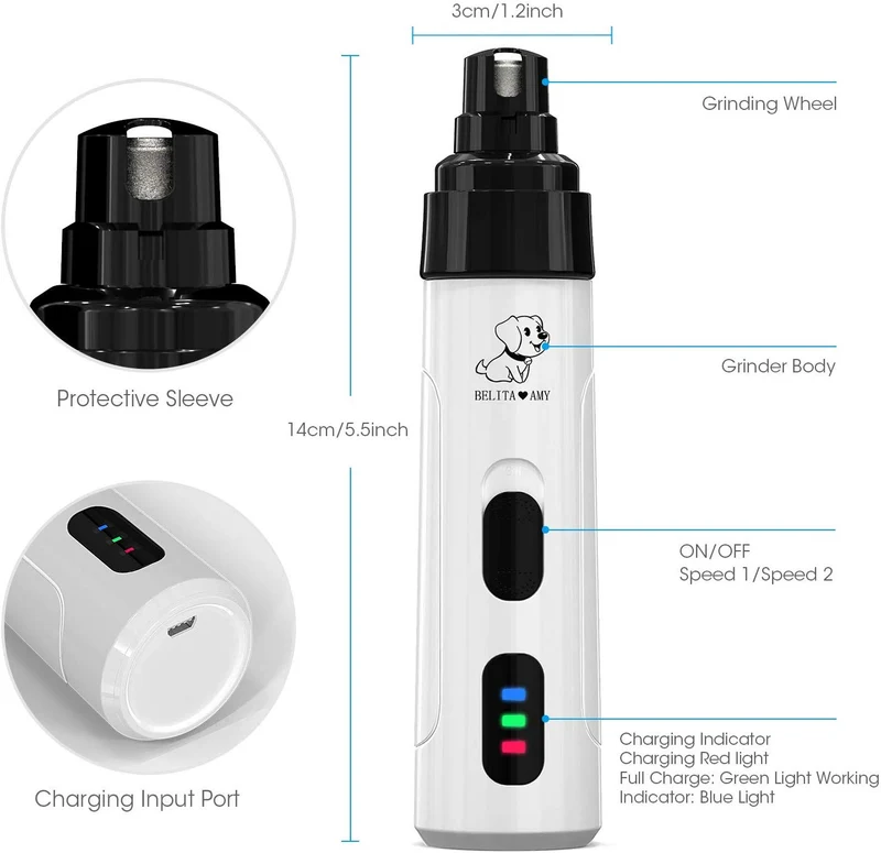 Belita Amy Dog Nail Grinder-Electric Dog Nail Trimmer Clipper, 2-Speed Low Noise Rechargeable Pet Nail Trimmer, Painless Paws Grooming and Smoothing for Small Medium Large Dogs and Cats