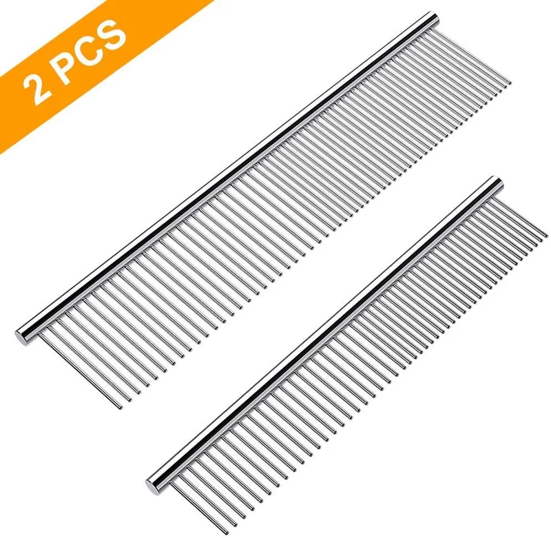 Cafhelp - 2 peines para perros con extremos redondeados de acero inoxidable, peine para gatos para eliminar enredos y nudos, herramienta de aseo profesional para perros de pelo largo y corto, gato y otras mascotas, 6.3 pulgadas/7.4 pulgadas