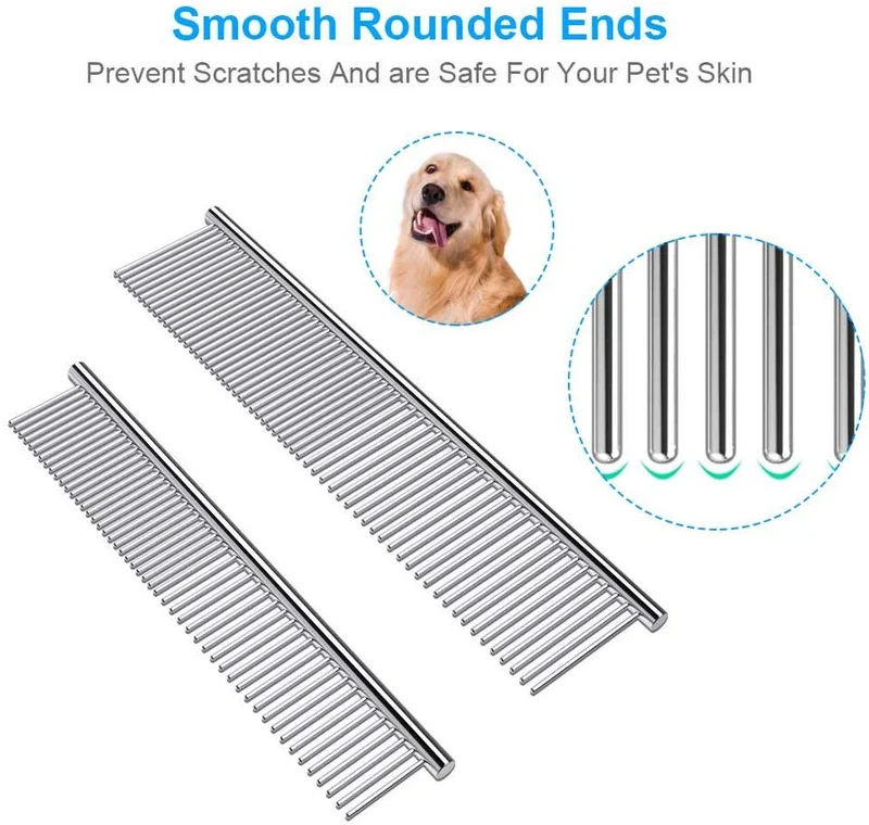 Cafhelp - 2 peines para perros con extremos redondeados de acero inoxidable, peine para gatos para eliminar enredos y nudos, herramienta de aseo profesional para perros de pelo largo y corto, gato y otras mascotas, 6.3 pulgadas/7.4 pulgadas
