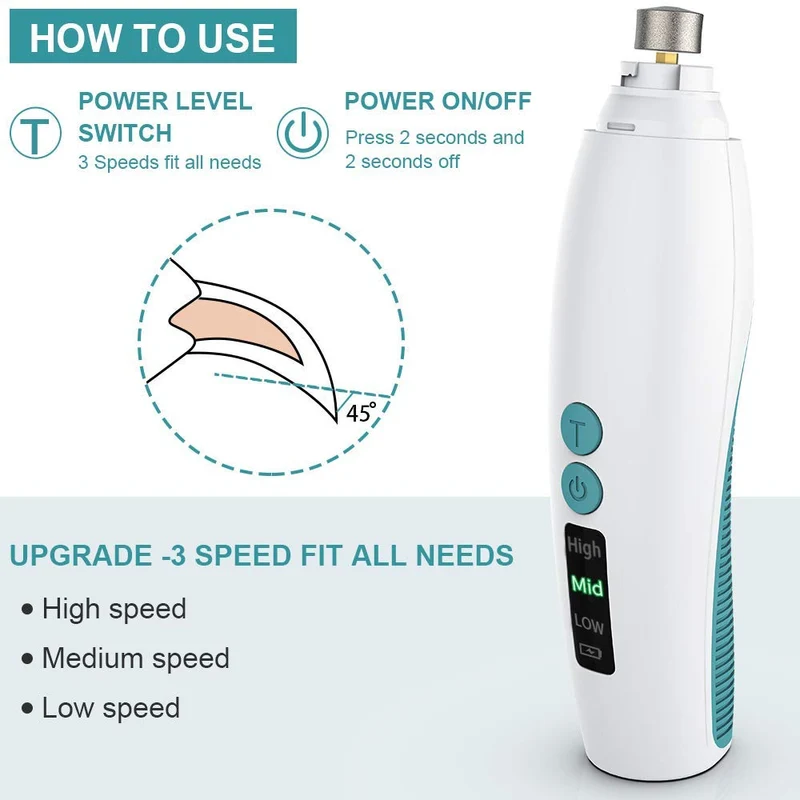 Dog Nail Grinder Electric Pet Nail Trimmer Clippers for Small Medium Large Breed Dog&Cat -Upgraded Professional 3-Speed Electric Recharging Animals Nail Grinder Gentle Painless Paws Grooming Smoothing