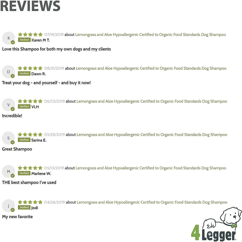 4Legger USDA - Champú orgánico certificado para perros, natural e hipoalergénico con aloe y limoncillo, calmante para piel normal, seca, irritante o alérgica, biodegradable, fabricado en Estados Unidos, 16 onzas