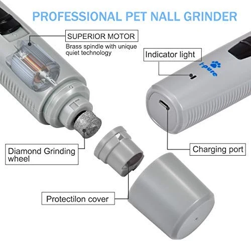 I-pure Artículos Amoladora de uñas para perros, cortadora eléctrica de uñas, 2 velocidades para mascotas, kit de aseo para perros, recargable, sin dolor, para perros pequeños y medianos, grandes