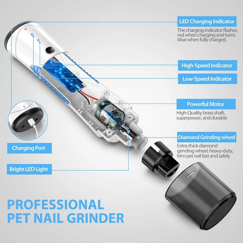 Peteast - Molinillo de uñas para mascotas con LED mejorado, carga USB, potente recortador de uñas eléctrico con 2 velocidades, patas sin dolor, recorte de aseo para perros pequeños/medianos/grandes
