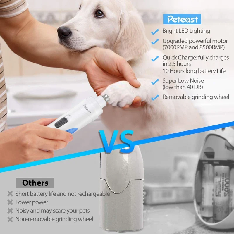 Peteast - Molinillo de uñas para mascotas con LED mejorado, carga USB, potente recortador de uñas eléctrico con 2 velocidades, patas sin dolor, recorte de aseo para perros pequeños/medianos/grandes