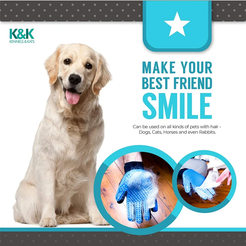 K&K - Guante de aseo para mascotas para aseo fácil y sin líos de perros, gatos, conejos y caballos con pelo largo, corto y rizado. 1 par de manopla para quitar el pelo de mascotas y bolsa de almacenamiento