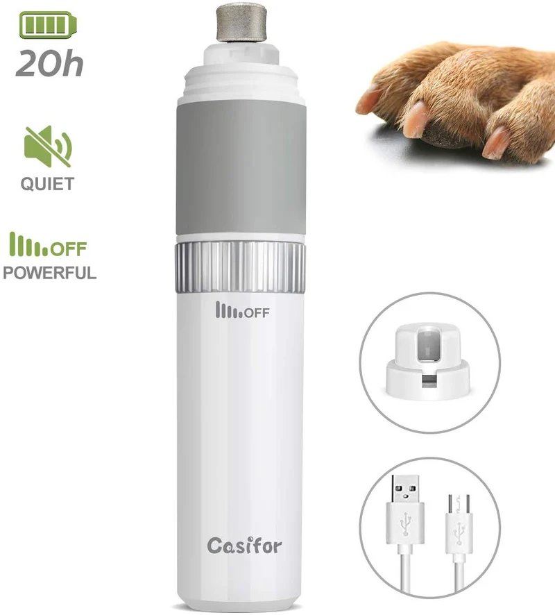 Casifor Molinillo de uñas para perros y cortaúñas silencioso con tiempo de trabajo de 20 horas, cortaúñas profesional para mascotas, regulación de velocidad sin escalones, lima de uñas eléctrica para perros y gatos grandes y medianos
