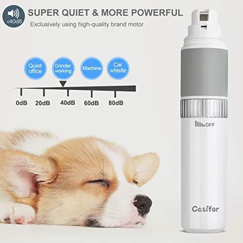 Casifor Molinillo de uñas para perros y cortaúñas silencioso con tiempo de trabajo de 20 horas, cortaúñas profesional para mascotas, regulación de velocidad sin escalones, lima de uñas eléctrica para perros y gatos grandes y medianos