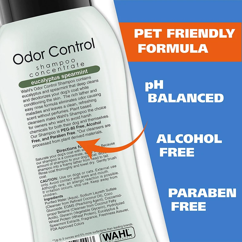 Wahl Champú para perros y mascotas con control de olor, desodorante de animales de eucalipto y menta para limpieza y frescura, 24 onzas