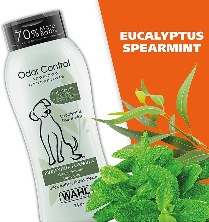 Wahl Champú para perros y mascotas con control de olor, desodorante de animales de eucalipto y menta para limpieza y frescura, 24 onzas