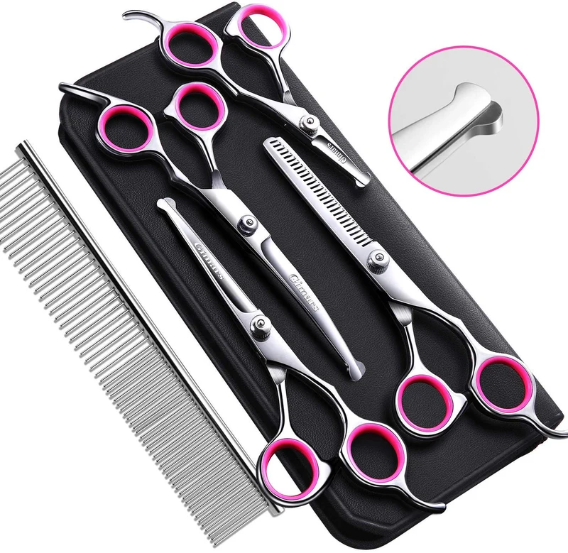 Gimars 4CR - Juego de tijeras para aseo de perros de acero inoxidable con punta redonda de seguridad, resistente con revestimiento de titanio para mascotas – Peine para cortar pelo largo corto para gatos, 4 Piezas