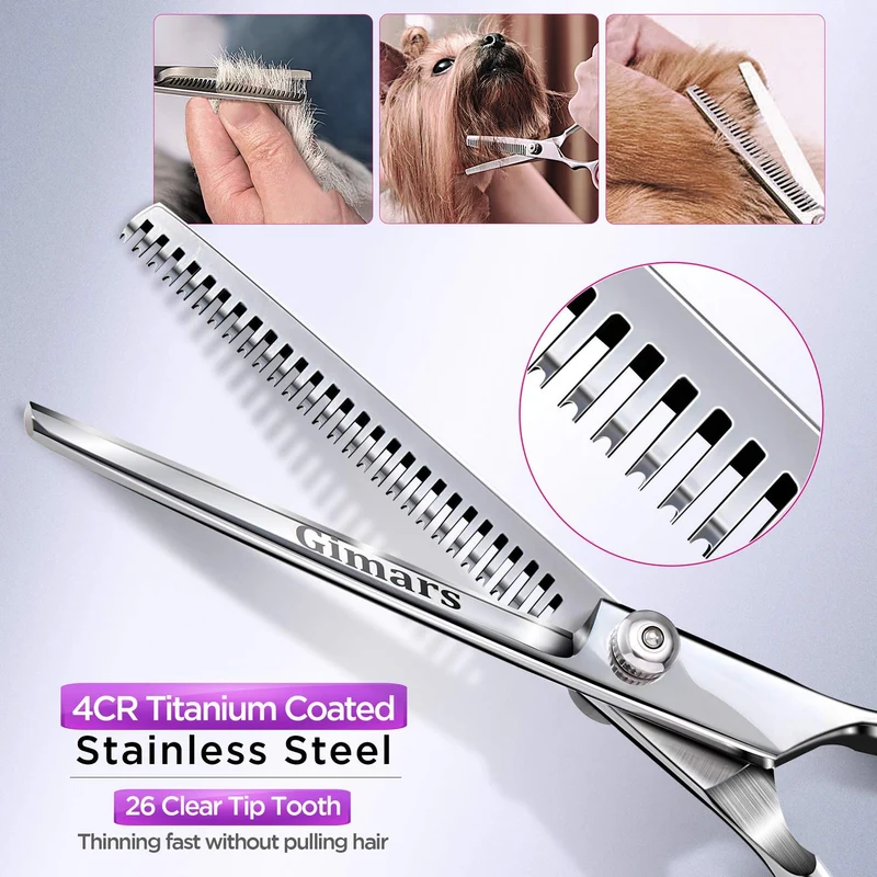 Gimars 4CR - Juego de tijeras para aseo de perros de acero inoxidable con punta redonda de seguridad, resistente con revestimiento de titanio para mascotas – Peine para cortar pelo largo corto para gatos, 4 Piezas