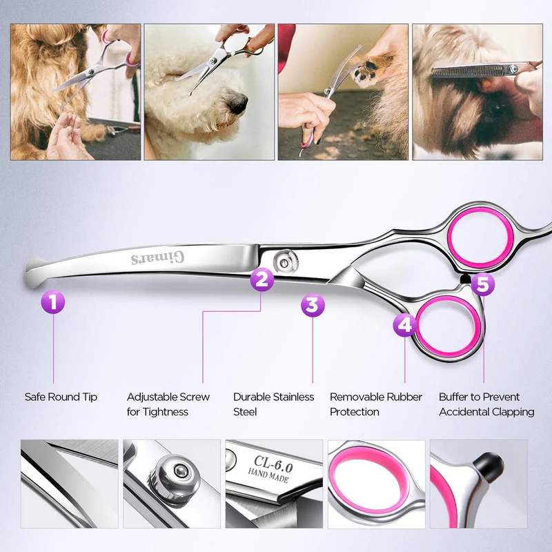 Gimars 4CR - Juego de tijeras para aseo de perros de acero inoxidable con punta redonda de seguridad, resistente con revestimiento de titanio para mascotas – Peine para cortar pelo largo corto para gatos, 4 Piezas