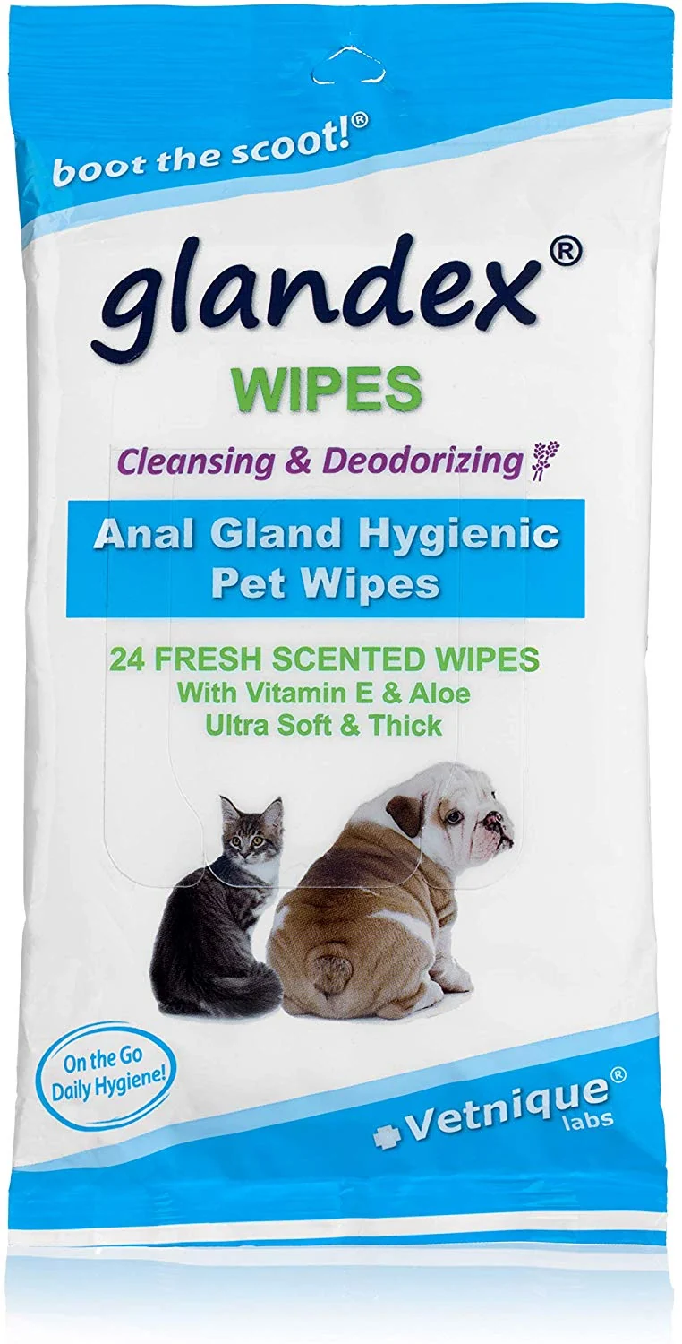 Glandex - Toallitas higiénicas para mascotas, limpieza y desodorizante, para perros y gatos con vitamina E, acondicionadores de piel y aloe