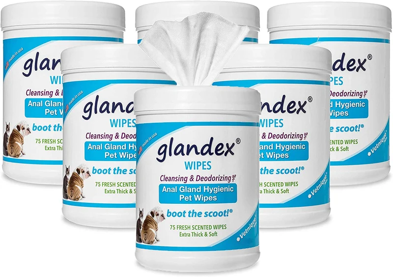 Glandex - Toallitas higiénicas para mascotas, limpieza y desodorizante, para perros y gatos con vitamina E, acondicionadores de piel y aloe