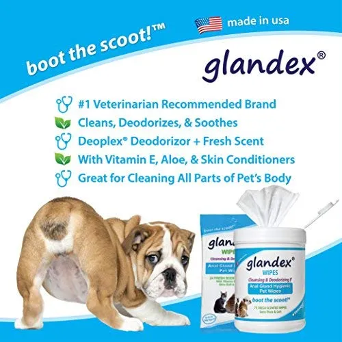 Glandex - Toallitas higiénicas para mascotas, limpieza y desodorizante, para perros y gatos con vitamina E, acondicionadores de piel y aloe