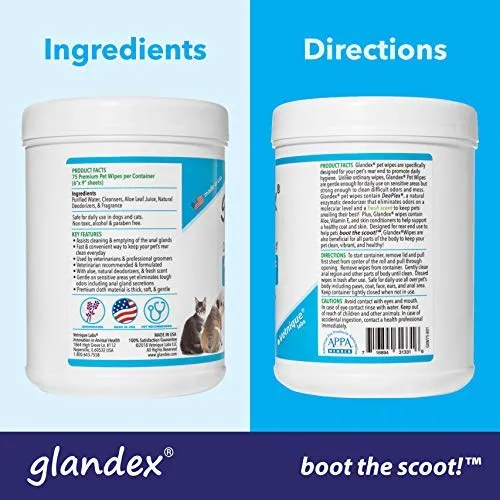Glandex - Toallitas higiénicas para mascotas, limpieza y desodorizante, para perros y gatos con vitamina E, acondicionadores de piel y aloe