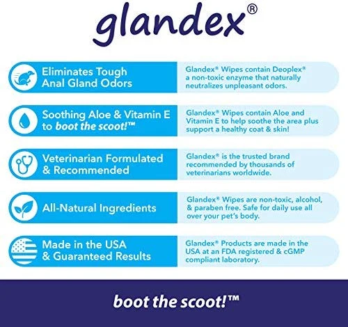 Glandex - Toallitas higiénicas para mascotas, limpieza y desodorizante, para perros y gatos con vitamina E, acondicionadores de piel y aloe