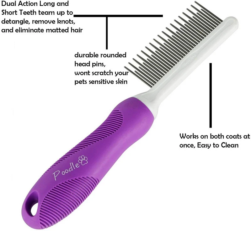 Peine desenredante para mascotas con dientes largos y cortos de acero inoxidable para eliminar la piel mate, nudos y enredos - Accesorios de herramienta desenredante para seguridad y suavidad DIY perro y gato Grooming Comb