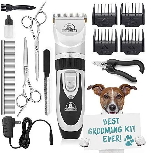 Pet Union Professional Dog Grooming Kit - Rechargeable, Cordless Pet Grooming Clippers & Complete Set of Dog Grooming Tools. Low Noise & Suitable for Dogs, Cats and Other Pets