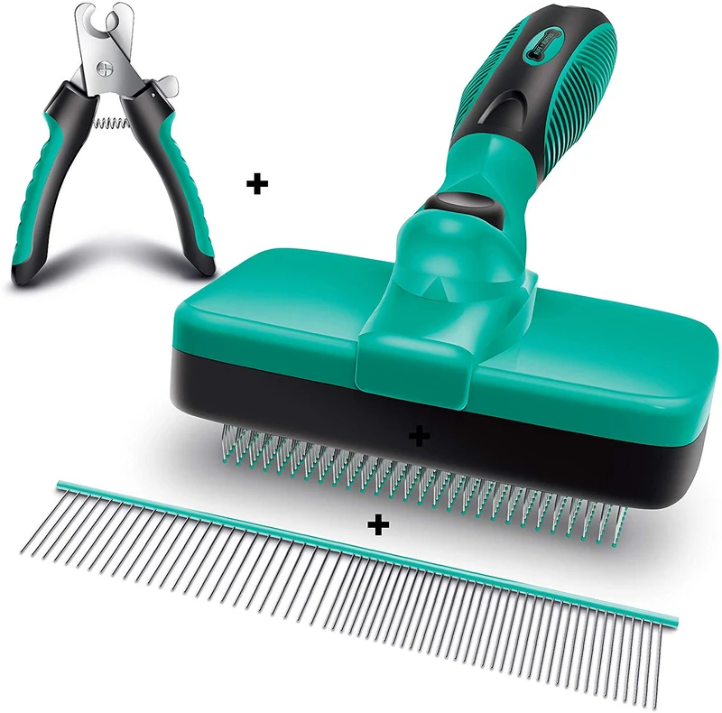 Ruff 'n Ruffus cepillo para cortar autolimpieza + 2 bonificaciones gratis, peine de acero + cortadores de uñas para mascotas | Suministros de aseo ideal para todas las razas y tipos de cabello