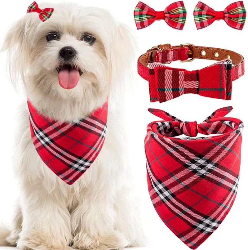 Collar con lazo para perro con campana, bandana clásica a cuadros, baberos triangulares, accesorios para bufanda, paquete de 2 lazos, para cachorros y gatos