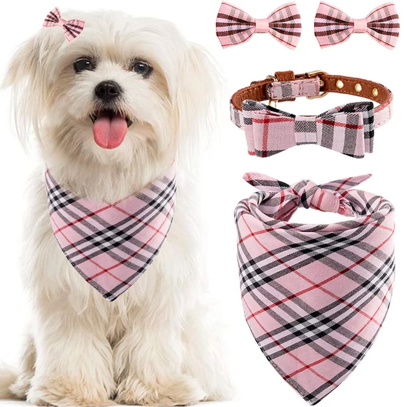 Collar con lazo para perro con campana, bandana clásica a cuadros, baberos triangulares, accesorios para bufanda, paquete de 2 lazos, para cachorros y gatos