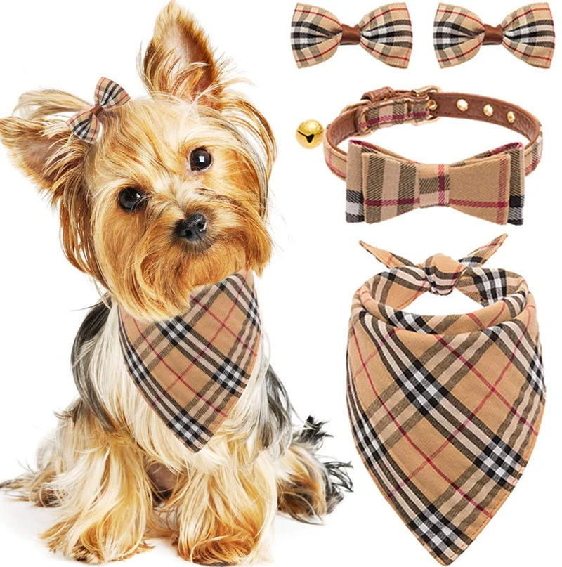 Collar con lazo para perro con campana, bandana clásica a cuadros, baberos triangulares, accesorios para bufanda, paquete de 2 lazos, para cachorros y gatos