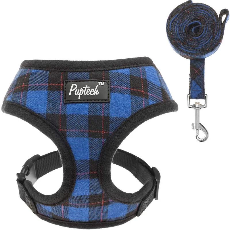 PUPTECK Arnés de malla suave para perro con correa – Chaleco de paseo acolchado a cuadros ajustable para cachorro sin arneses – Chaleco para mascotas