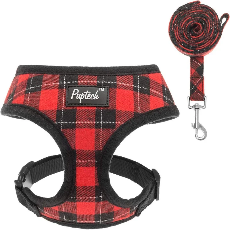 PUPTECK Arnés de malla suave para perro con correa – Chaleco de paseo acolchado a cuadros ajustable para cachorro sin arneses – Chaleco para mascotas