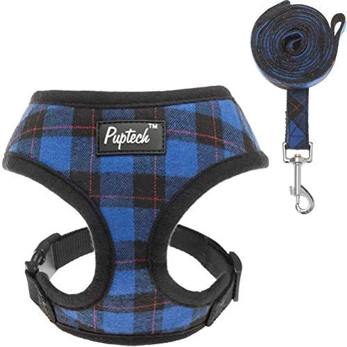 PUPTECK Arnés de malla suave para perro con correa – Chaleco de paseo acolchado a cuadros ajustable para cachorro sin arneses – Chaleco para mascotas