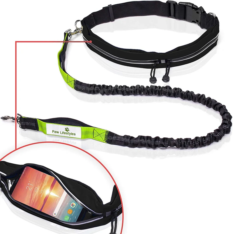 Paw Lifestyles Correa para perro retráctil con manos libres, con funda para smartphone, correa de cintura elástica de doble asa para perros grandes de hasta 150 libras
