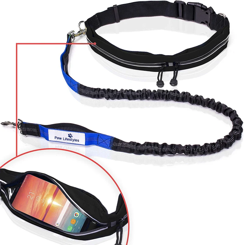 Paw Lifestyles Correa para perro retráctil con manos libres, con funda para smartphone, correa de cintura elástica de doble asa para perros grandes de hasta 150 libras