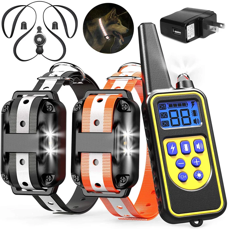 Veckle Collar de entrenamiento para perro, collar de choque recargable de 2600 pies para 2 perros, collar de choque impermeable con mando a distancia, luz LED, pitido, cargador, collar electrónico de vibración para perros grandes y medianos