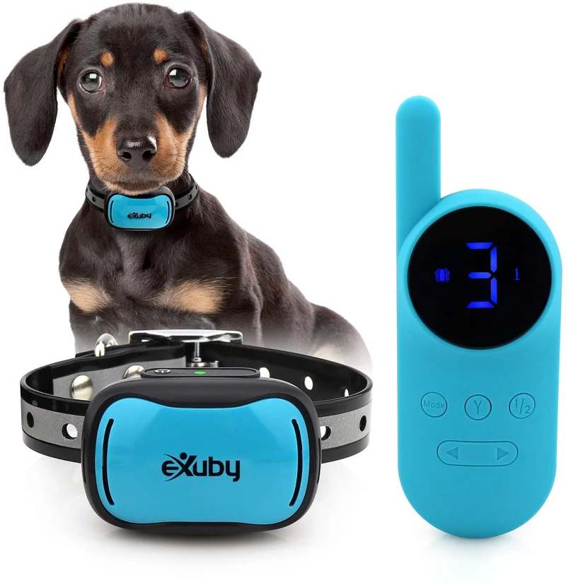 eXuby - Collar de choque pequeño para perros pequeños de 5 a 15 libras, collar más pequeño del mercado, combina sonido, vibración, choque, 9 niveles de intensidad, control remoto de bolsillo, batería de larga duración, diseño impermeable