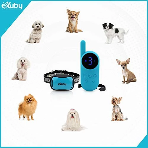 eXuby - Collar de choque pequeño para perros pequeños de 5 a 15 libras, collar más pequeño del mercado, combina sonido, vibración, choque, 9 niveles de intensidad, control remoto de bolsillo, batería de larga duración, diseño impermeable