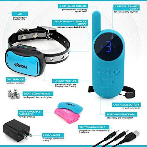 eXuby - Collar de choque pequeño para perros pequeños de 5 a 15 libras, collar más pequeño del mercado, combina sonido, vibración, choque, 9 niveles de intensidad, control remoto de bolsillo, batería de larga duración, diseño impermeable
