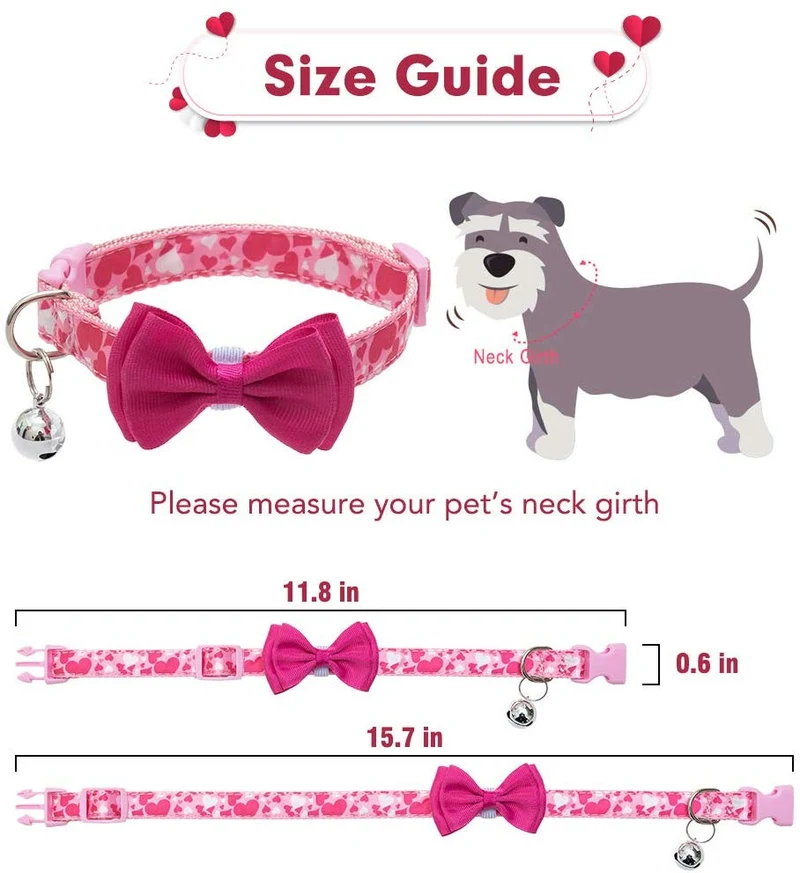 PUPTECK Collar de perro con campana para el día de San Valentín ajustable con lazo extraíble – Corazón romático y diseño de rosa, regalo dulce para perros pequeños, gatos y mascotas