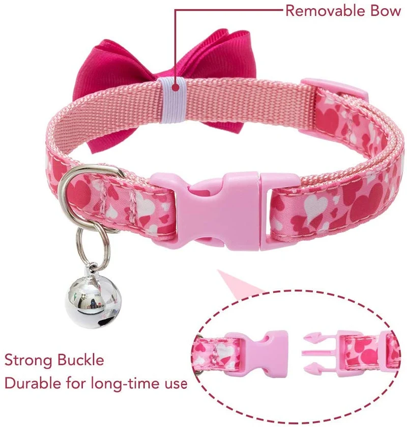 PUPTECK Collar de perro con campana para el día de San Valentín ajustable con lazo extraíble – Corazón romático y diseño de rosa, regalo dulce para perros pequeños, gatos y mascotas