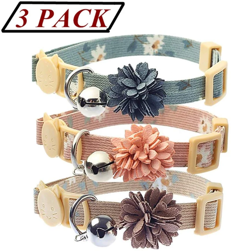 BoomBone Collar con diseño de flor de gato, 3 unidades, para perros pequeños con campana