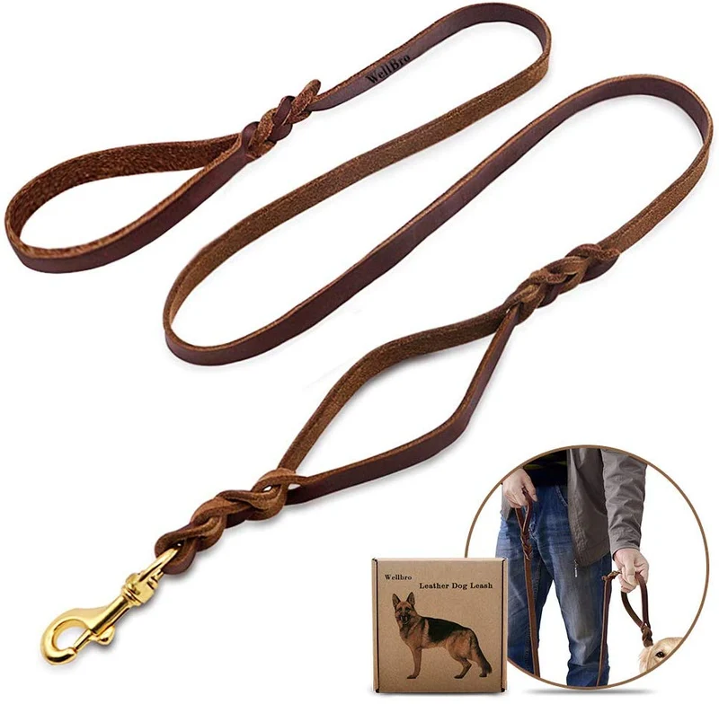 wellbro doble asa de piel auténtica correa de perro, trenzado cuerda de entrenamiento con asa de tráfico, fácil control y resistente, 0.7 inch de ancho por 6 ft de longitud, color café