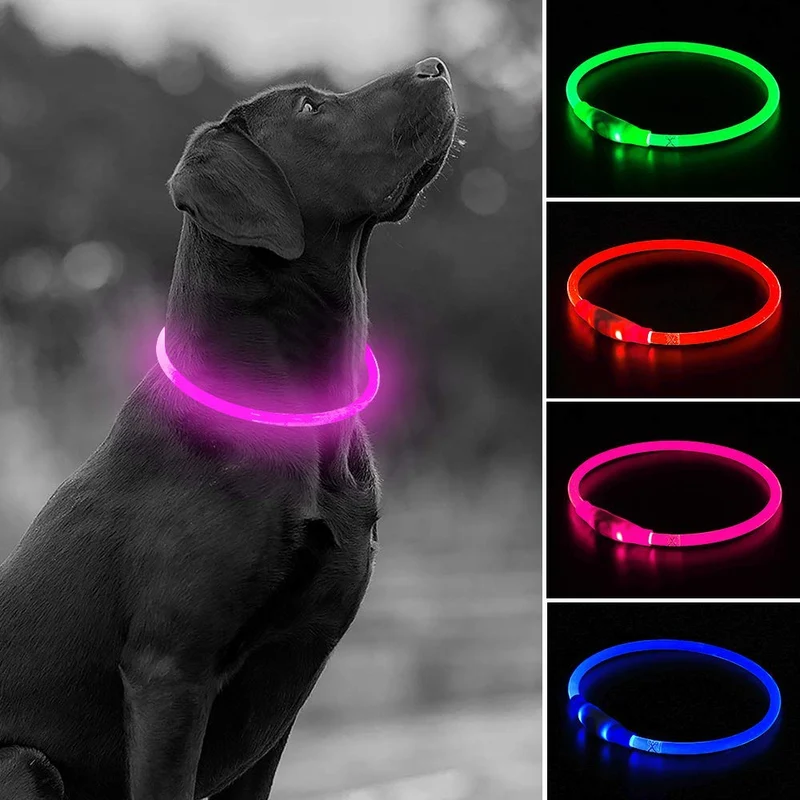 Collar de perro recargable por USB, LED, brilla en la oscuridad, collar para mascotas, resistente al agua, cortable, de TPU, para perros pequeños, medianos y grandes