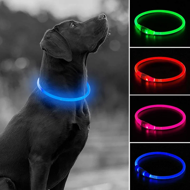 Collar de perro recargable por USB, LED, brilla en la oscuridad, collar para mascotas, resistente al agua, cortable, de TPU, para perros pequeños, medianos y grandes