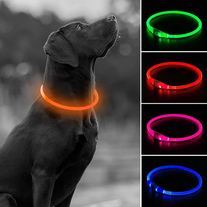 Collar de perro recargable por USB, LED, brilla en la oscuridad, collar para mascotas, resistente al agua, cortable, de TPU, para perros pequeños, medianos y grandes