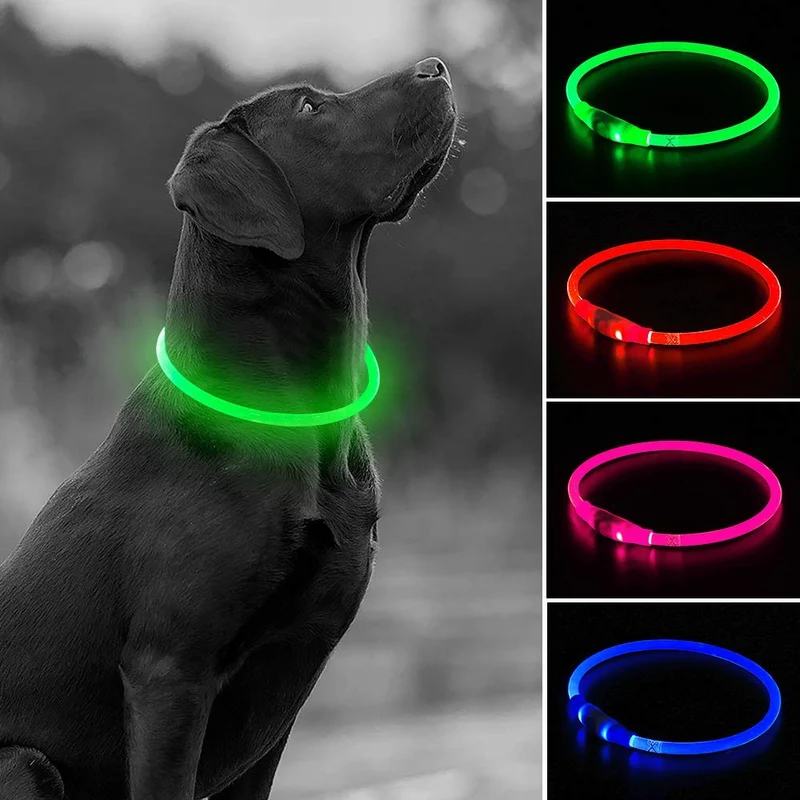 Collar de perro recargable por USB, LED, brilla en la oscuridad, collar para mascotas, resistente al agua, cortable, de TPU, para perros pequeños, medianos y grandes